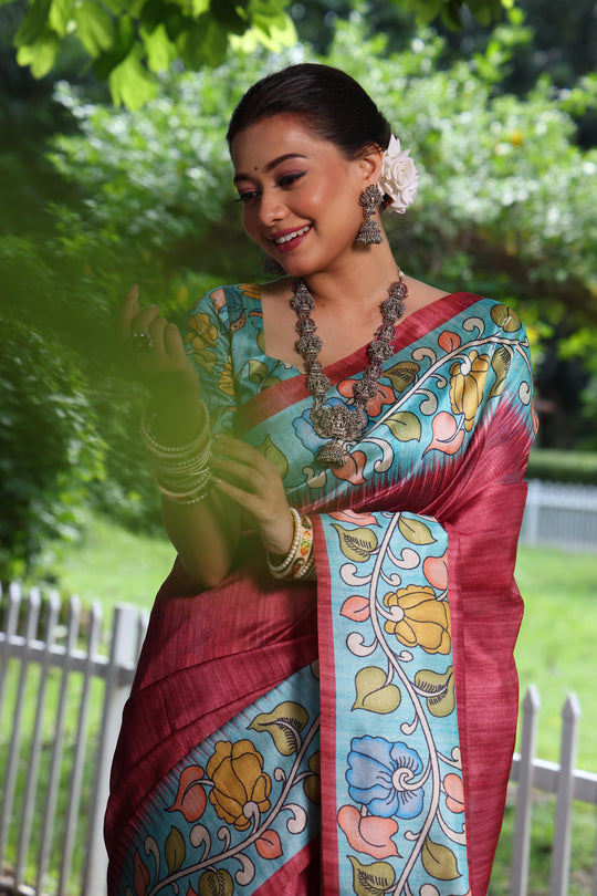 Maroon Soft Tussar Silk Kalamkari Printed Designer Saree with Blouse