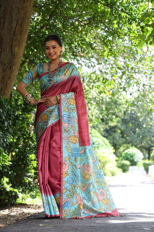 Maroon Soft Tussar Silk Kalamkari Printed Designer Saree with Blouse
