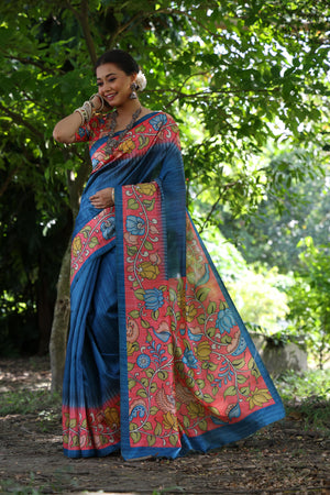 Blue Soft Tussar Silk Kalamkari Printed Designer Saree with Blouse