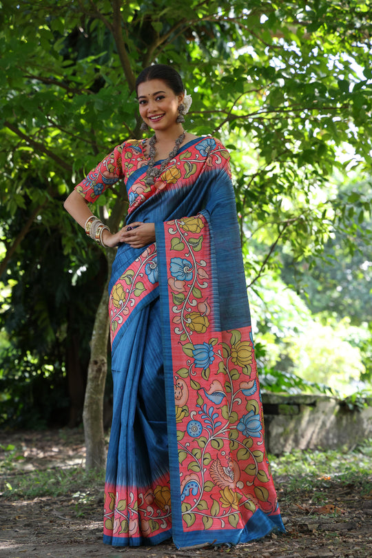 Blue Soft Tussar Silk Kalamkari Printed Designer Saree with Blouse