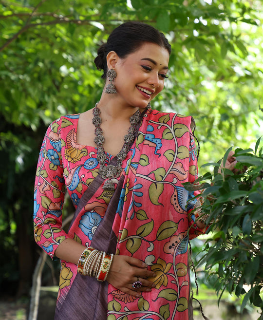 Black Soft Tussar Silk Kalamkari Printed Designer Saree with Blouse