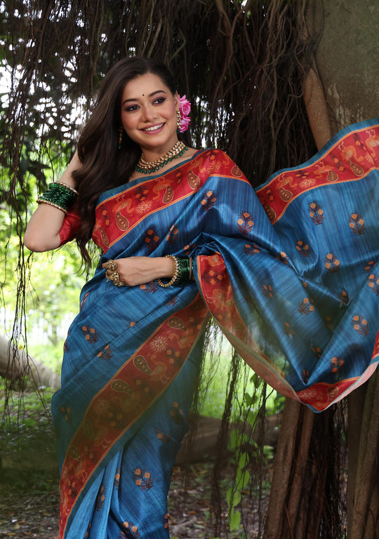 Wine Soft Tussar Silk Peacock Printed Designer Saree with Blouse
