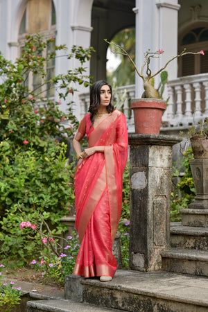 Coral Soft Kalyani Silk Zari Woven Designer Saree with Blouse