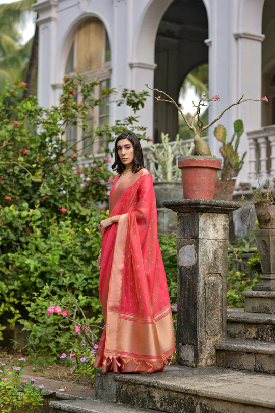 Coral Soft Kalyani Silk Zari Woven Designer Saree with Blouse