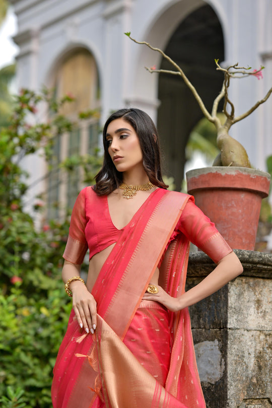 Coral Soft Kalyani Silk Zari Woven Designer Saree with Blouse
