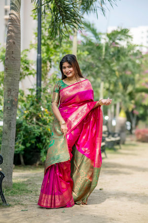 Pink Soft Banarasi Silk Zari Woven Saree with Blouse