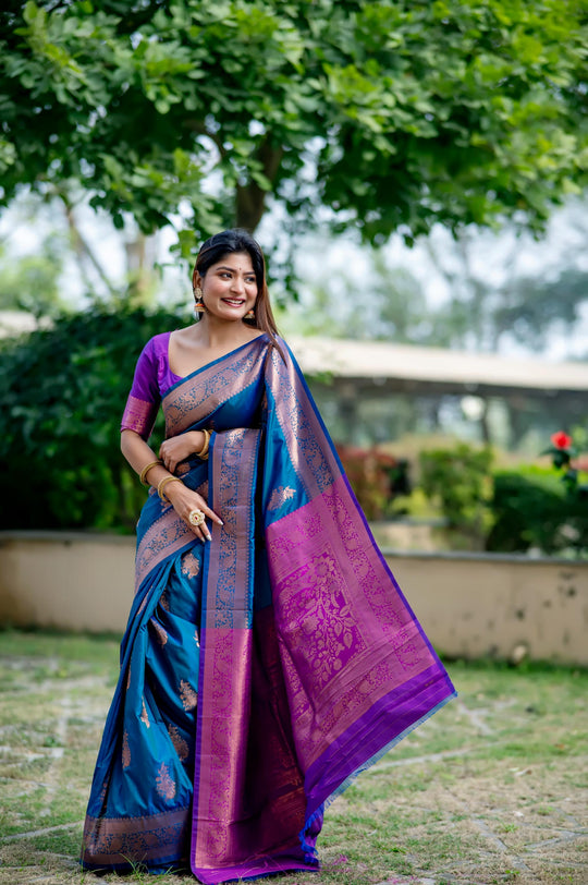 Blue Soft Banarasi Silk Zari Woven Saree with Blouse