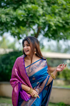 Blue Soft Banarasi Silk Zari Woven Saree with Blouse