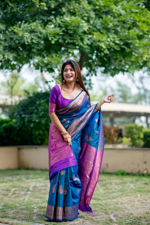 Blue Soft Banarasi Silk Zari Woven Saree with Blouse