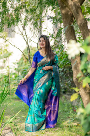 Turquoise Soft Banarasi Silk Zari Woven Saree with Blouse