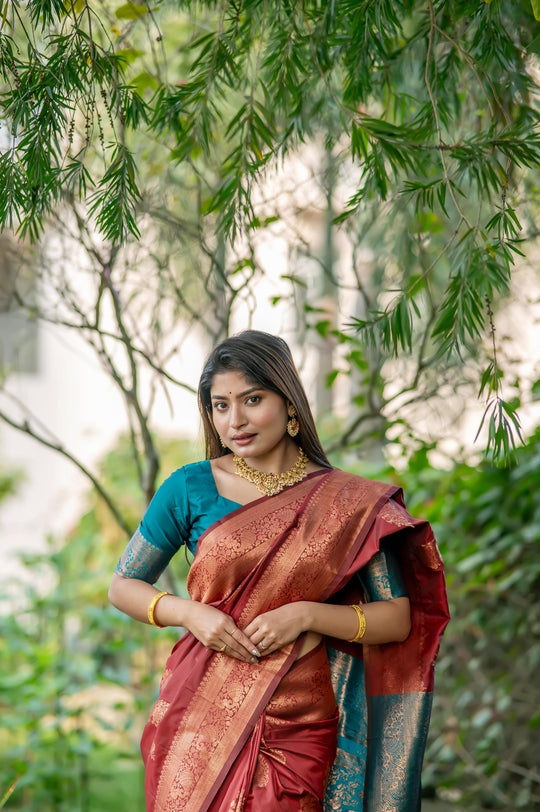 Maroon Soft Banarasi Silk Zari Woven Saree with Blouse