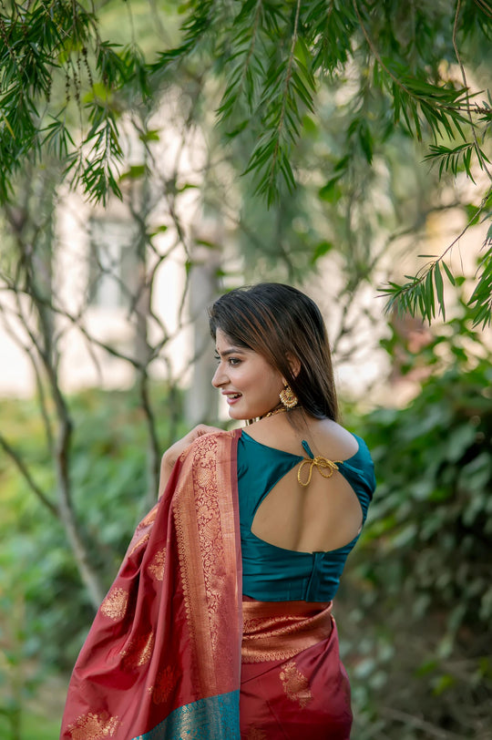Maroon Soft Banarasi Silk Zari Woven Saree with Blouse