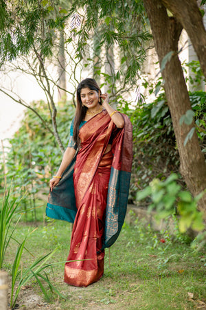 Maroon Soft Banarasi Silk Zari Woven Saree with Blouse