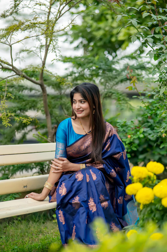 Navy Blue Soft Banarasi Silk Zari Woven Saree with Blouse