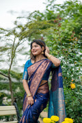Navy Blue Soft Banarasi Silk Zari Woven Saree with Blouse