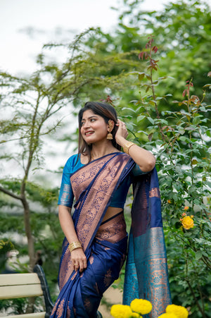 Navy Blue Soft Banarasi Silk Zari Woven Saree with Blouse