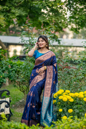 Navy Blue Soft Banarasi Silk Zari Woven Saree with Blouse
