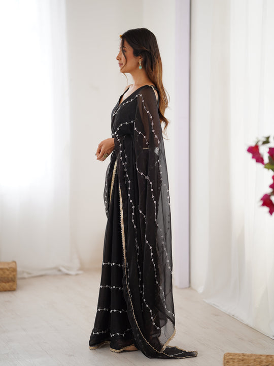 Black Soft Sitara Embroidered Designer Saree with Blouse