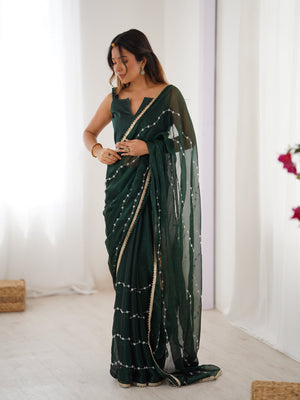 Bottle Green Soft Sitara Embroidered Designer Saree with Blouse