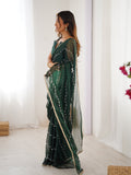 Bottle Green Soft Sitara Embroidered Designer Saree with Blouse