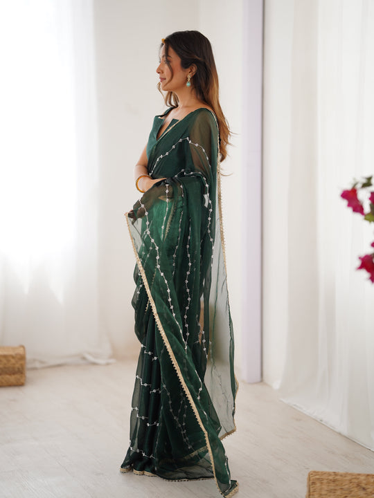Bottle Green Soft Sitara Embroidered Designer Saree with Blouse