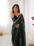 Bottle Green Soft Sitara Embroidered Designer Saree with Blouse