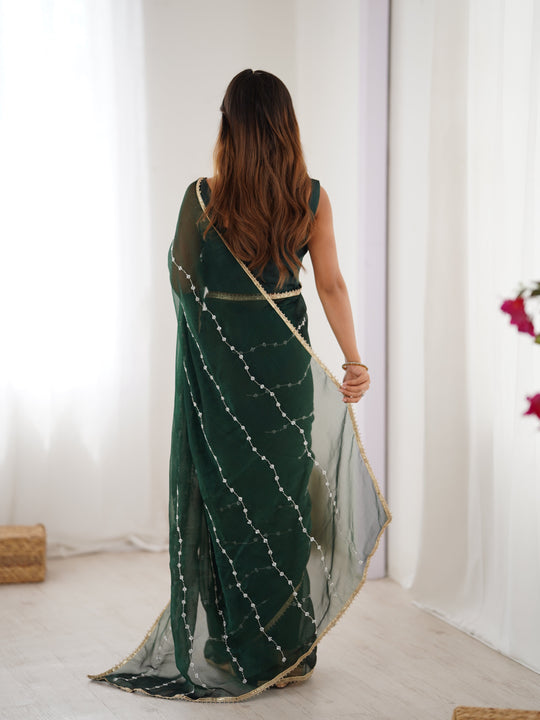Bottle Green Soft Sitara Embroidered Designer Saree with Blouse
