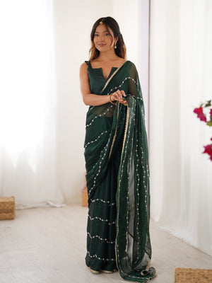 Bottle Green Soft Sitara Embroidered Designer Saree with Blouse