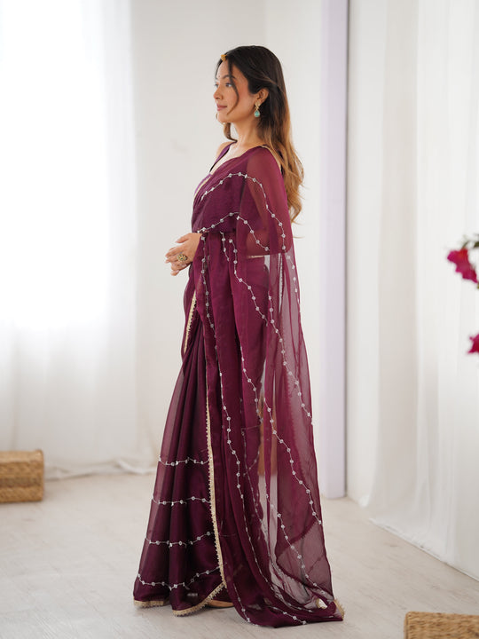 Wine Soft Sitara Embroidered Designer Saree with Blouse