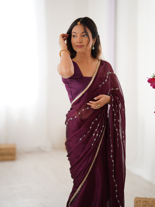 Wine Soft Sitara Embroidered Designer Saree with Blouse