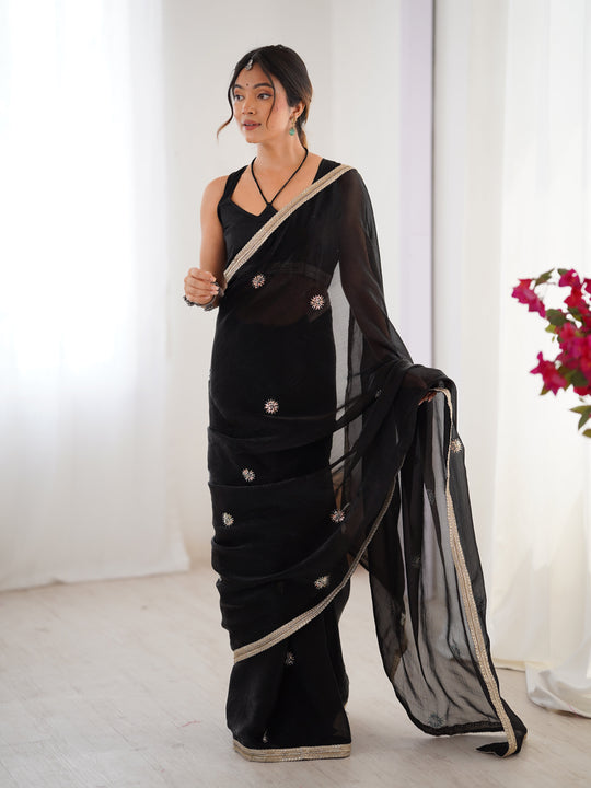 Black Fandy Silk Embroidered Designer Saree with Blouse