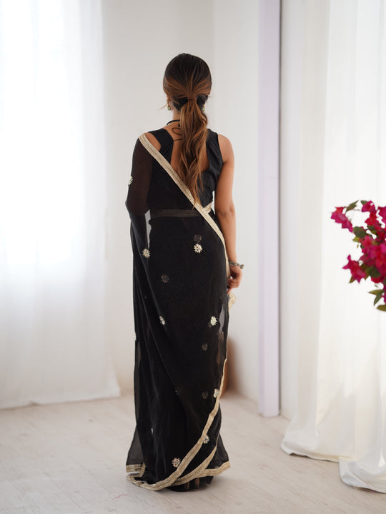 Black Fandy Silk Embroidered Designer Saree with Blouse