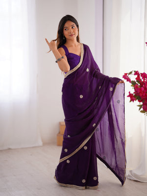 Purple Fandy Silk Embroidered Designer Saree with Blouse
