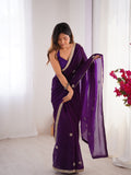 Purple Fandy Silk Embroidered Designer Saree with Blouse