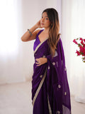 Purple Fandy Silk Embroidered Designer Saree with Blouse