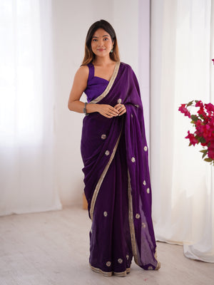 Purple Fandy Silk Embroidered Designer Saree with Blouse