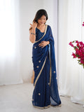 Teal Fandy Silk Embroidered Designer Saree with Blouse