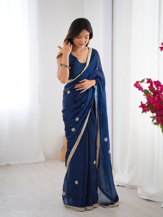 Teal Fandy Silk Embroidered Designer Saree with Blouse