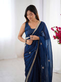 Teal Fandy Silk Embroidered Designer Saree with Blouse