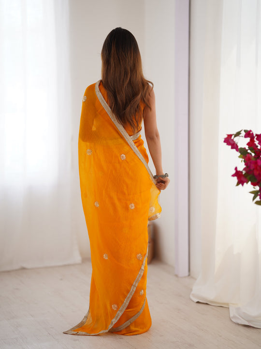 Yellow Fandy Silk Embroidered Designer Saree with Blouse