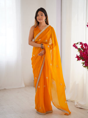 Yellow Fandy Silk Embroidered Designer Saree with Blouse