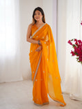 Yellow Fandy Silk Embroidered Designer Saree with Blouse