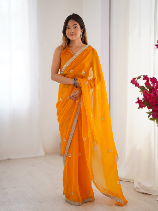 Yellow Fandy Silk Embroidered Designer Saree with Blouse