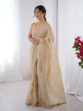 Beige Soft Gold Crush Embroidered Designer Saree with Blouse