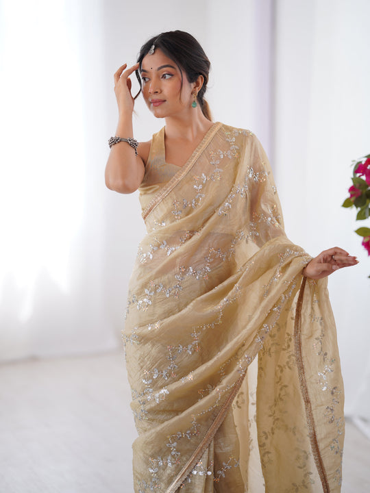Beige Soft Gold Crush Embroidered Designer Saree with Blouse
