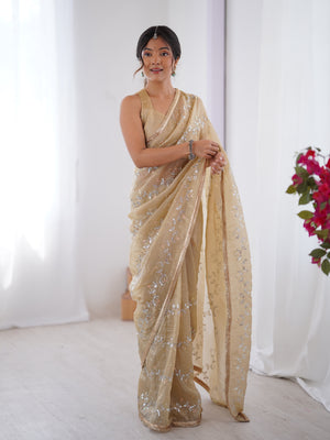 Beige Soft Gold Crush Embroidered Designer Saree with Blouse