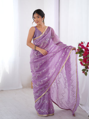 Purple Soft Gold Crush Embroidered Designer Saree with Blouse