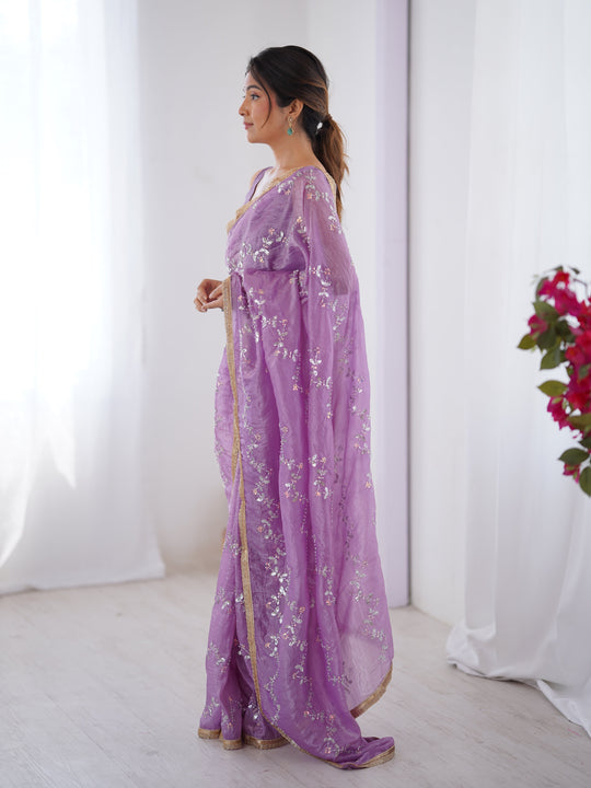 Purple Soft Gold Crush Embroidered Designer Saree with Blouse