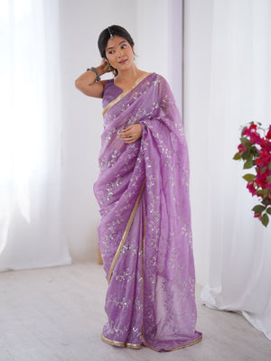 Purple Soft Gold Crush Embroidered Designer Saree with Blouse