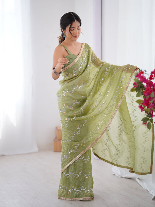 Sea Green Soft Gold Crush Embroidered Designer Saree with Blouse